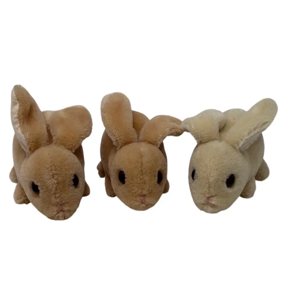 Vintage 1980s Dakin Squeaker Plush Bunny Rabbit Trio Tan Cream 4.5 Inch Set of 3